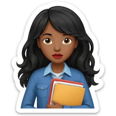 A young woman with long black hair, a wavy frange falling on half of her head. She's black, medium to dark skinned with thick lips. She's holding folders, because she's a CEO, but she's wearing casual clothes. sticker