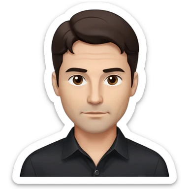 Fit good-looking 40-year-old with young appearance, light brown complexion, elongated face, fine jawline, intense dark eyes, medium eyebrows, straight nose, attractive confident expression, medium wavy dark hair with modern styling, wearing a crisp black button-down shirt sticker