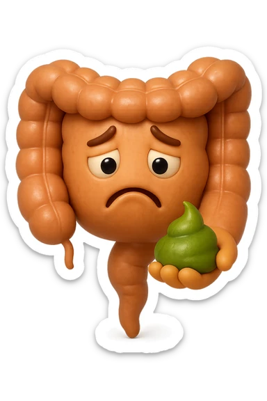 emoji stile iphone 3d di un intestino con espressione triste con cacca verde e liquida in mano, iperrealistiche 4k sticker