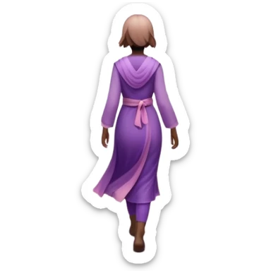 A small figure walks back across a foggy bridge, holding soft pink and purple orbs in each hand—symbolizing compassion and forgiveness. A gentle heart aura trails behind them, showing healing in motion. sticker