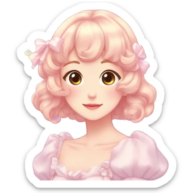 Gorgeous anime style lady blushing face dreamy idol model colorful shiny sparkle kawaii pastelcore cottagecore pearly petite simplistic aesthetic trending style sticker