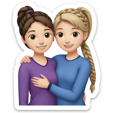 Comforting Hug two white skin women, one shorter woman with medium brown simple top ponytail, not braided, and one taller woman with a single long black side braid sticker