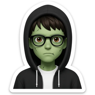 zombie boy with white tshirt and black brownish hair and with black glasses frames on hair is texturized young boy and round face more green face and dark brown eyes black thick cotton y2k hoodie with the white t-shirt under it hood of hoodie is standing up a slight bit and no ties on hoodie sticker
