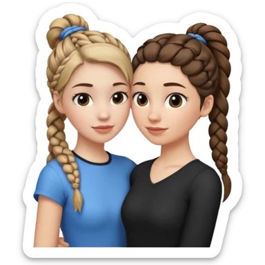 Hug two white skin women one taller with braided black side ponytail and one shorter with light brown hair in top ponytail  sticker