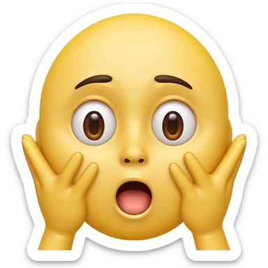 A 3D glossy yellow emoji of a shocked horrified face with no nose, with mouth and eyes are wide open, eyebrows  raised, and hands against their cheeks, black background, high quality, soft studio lighting sticker