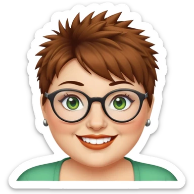  plus size white women round nose with short  brown shaggy spiked hair wearing glasses green eyes smiling sticker