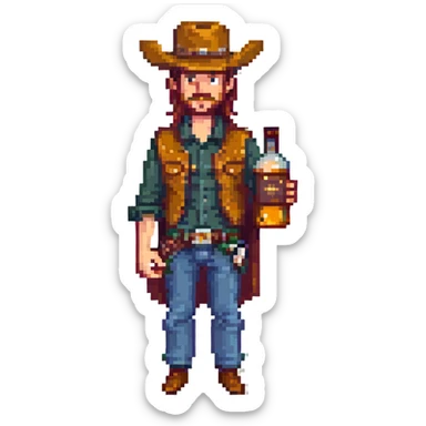 A sticker of a cowboy with a bottle of whiskey sticker
