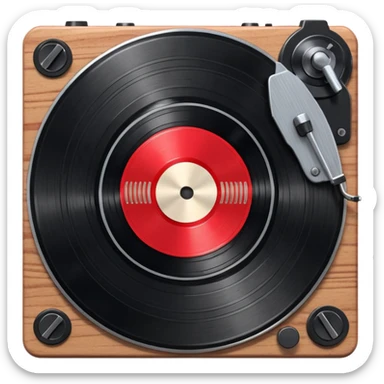 3D render of Vinyl Record, vintage 1980s audio equipment aesthetic, tactile analog buttons, shiny black grooved disc with a red center label, mixed wood grain and brushed aluminum textures, Apple emoji style, isolated on white background --v 6.0 sticker