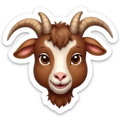 Cinematic Cute Brown Goat Portrait Emoji, Head tilted playfully and inquisitively, featuring a glossy, rich brown fur with charming curved horns, round, sparkling eyes filled with gentle curiosity, Simplified yet irresistibly adorable features, highly detailed, glowing with a warm, friendly glow, high shine, affectionate and lively, stylized with a touch of rustic whimsy, bright and endearing, soft glowing outline, capturing the essence of a mischievous yet loving goat, so playful it feels like it could trot out of the screen and into your arms! sticker