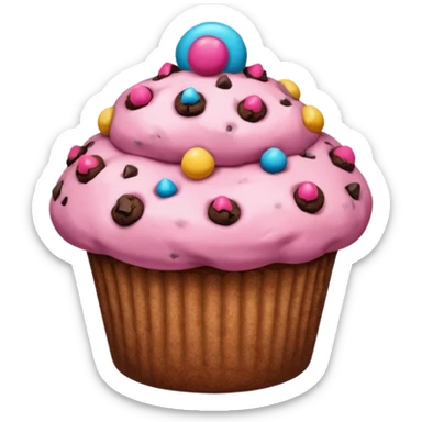 A pink muffin with chocolate chips and chocolate chip cookie topping sticker