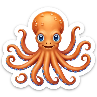 Cinematic Noble smiling Octopus Portrait Emoji, Poised and enchanting, with a light orange body adorned with vibrant blue rings and eight delightfully curling arms with gentle suckers, large sparkling eyes exuding warmth and playfulness, Simplified yet charmingly expressive features, highly detailed, glowing with a soft, magical underwater radiance, high shine, intelligent and irresistibly cute, stylized with an air of whimsical marine enchantment, focused and fluid, soft glowing outline, capturing the essence of a watchful and endearing octopus that appears ready to float out of the screen with delightful charm! sticker