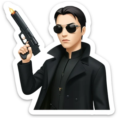 Neo from The Matrix in long black coat, sunglasses, and stopping bullets sticker
