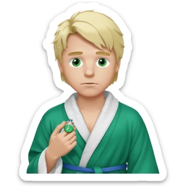 A white man with green eyes, medium-length blond hair, a blue Cartier watch on his wrist, and a black and white bathrobe. His hair is messy, and he has a white pacifier in his mouth. sticker