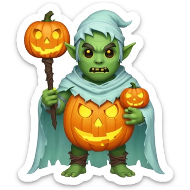 male orc warrior ghost emoji, green skin, wearing torn white ghost sheet costume, holding glowing jack-o'-lantern, faint blue aura, friendly but spooky expression, Halloween fantasy theme, Apple emoji style, clean white background, square sticker