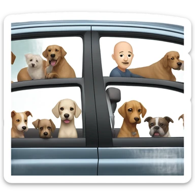 A bald man in his 50s driving a Prius filled with a bunch of dogs sticking their heads out of the windows sticker