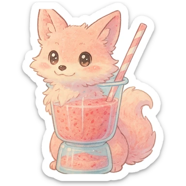 a blender transformed into a soft, fluffy fox with a transparent body and a fruity smoothie inside, sparkling eyes, pastel pink, full-body sticker