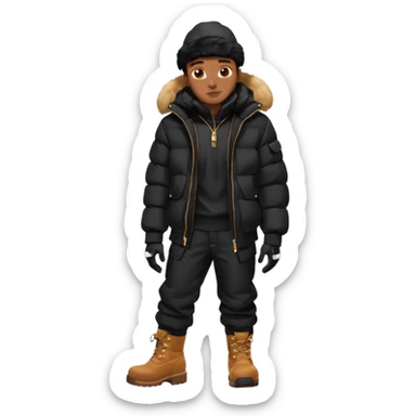 Handsome Black grown man with brown skin tone, wear black joggers, a black bubble coat with a fur brim on the hood, and buckwheat timberland boots, and black gloves sticker