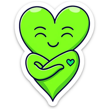 green face emoticon with closed eyes hugging a green heart, expressing care and support sticker