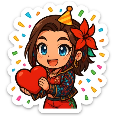 Azucena from Tekken 8 in chibi sticker style, wearing a party hat and surrounded by confetti, celebrating, wearing the detailed red and patterned outfit from the reference images, designed for Twitch emote use. sticker