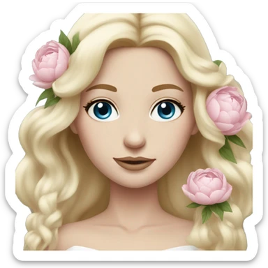 White bride with long light blonde hair and blue eyes with light pink peonies in hair white skin  sticker