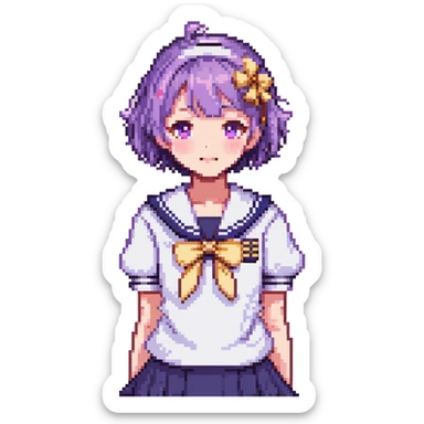 Pixel art anime schoolgirl with short bright purple hair in Japanese sailor uniform, standing with one hand on hip trying to look brave but shyly waving with pink blush across face sticker