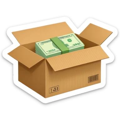 shipping box with a flat cash bill on the side of it sticker