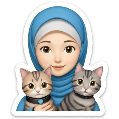 Asian White girl wearing hijab holding a black grey tabby cat while smiling.  The cat is wearing a blue collar sticker