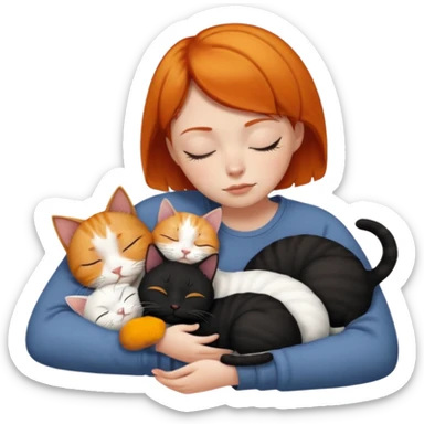 Ginger Girl short hair sleeping with two cats a black and a whole white bigger cat  sticker