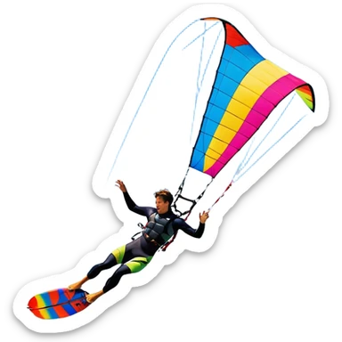 A vibrant kite soaring high in the sky, attached to a kiteboarder riding the waves below. The scene is filled with bright colors, capturing the energy of the sport. The background features the ocean, wind-blown waves, and a clear sky, showcasing the excitement and freedom of kiting. sticker