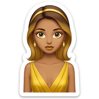 Woman using a long elegant yellow dress. She has medium skin tone and a brown with gold makeup sticker