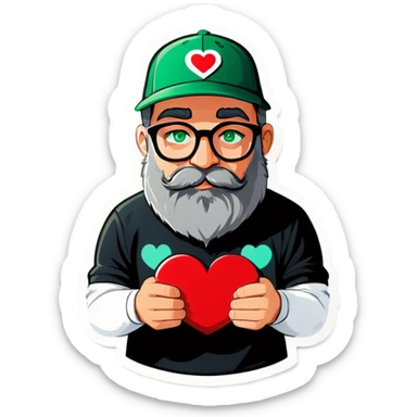 A bold man with a grey baseball cap, green eyes, big beard and glasses holding heart sticker