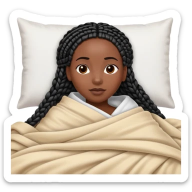 A dark-skinned Black woman with black box braids, lying on her side in bed, wrapped in a blanket, resting on a pillow sticker