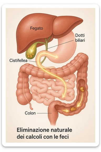 A realistic, educational medical illustration showing the human digestive tract focusing on the liver, gallbladder, bile ducts, and intestines. The gallbladder is depicted with small gallstones inside. A soft glowing arrow indicates the flow of bile and small stones moving naturally from the gallbladder through the bile ducts into the intestines. In the colon, small softened gallstones are shown being prepared for elimination, symbolizing their removal through bowel movements. The style is clean, precise, and clear with soft anatomical colors (greens, soft reds, and yellows) and faint glowing arrows to illustrate the process. The background is a subtle neutral gradient to keep the focus on the organs and the pathway. The image conveys the concept of natural gallstone elimination through the intestines via the stool in a clear, non-graphic, and educational way in italiano sticker
