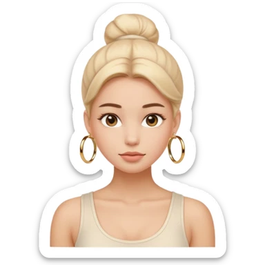 “Emoji girl, flawless skin, light peach blush, natural fluffy brows, glossy nude lips, sleek low bun, small gold hoops, minimalist white tank top.” sticker