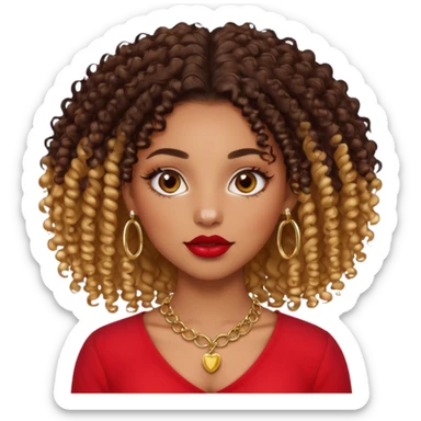 a light skinned black girl with 3b curly hair chocolate color eyelash extension ombre lips with gloss and red blouse gold nose ring piercing and gold septum piercing and gold necklace sticker