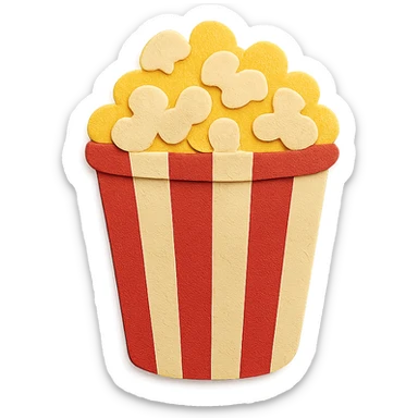 red and white striped movie theater popcorn bucket with buttered popcorn sticker