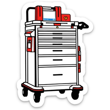 Singular Red medical crash cart is a mobile, multi-drawer unit designed to store and organize emergency medical supplies and equipment and a cardiac defibrillator on top sticker