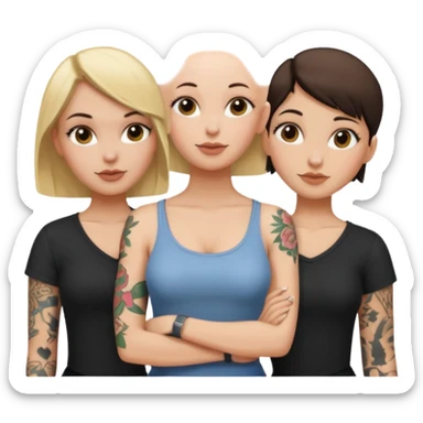 throuple blonde femaleand brunette female with bald tattooed sticker