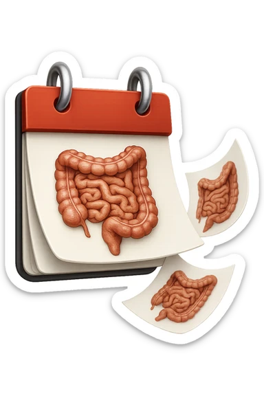 emoji stile iphone di un calendario con fogli che volano insieme, sui fogli ci sono disegnati degli intestini anatomici, iperrealistico 4k, isolato su sfondo bianco sticker
