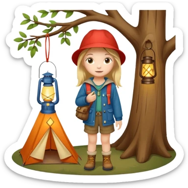Adorable little girl in camping attire standing beside a tree holding a lantern, looks like it is made of felt texture, scrapbooking style, transparent background sticker