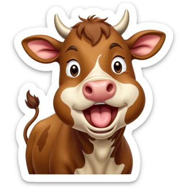 Cinematic Cute Yawning Brown Cow Portrait Emoji, Head tilted slightly with a dramatic, wide-open yawn, showcasing a smooth, rich brown hide with a subtle shine, floppy ears slightly drooping, round brown eyes barely open in drowsy contentment, Simplified yet irresistibly adorable features, highly detailed, glowing with a soft, cozy glow, high shine, relaxed yet expressive, stylized with a touch of pastoral whimsy, bright and endearing, soft glowing outline, capturing the essence of a sleepy yet affectionate cow, so drowsy it feels like it could amble right out of the screen and curl up for a nap! sticker