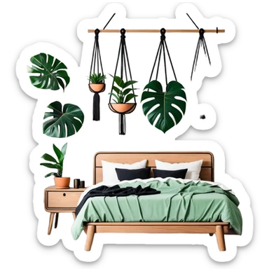 modern bohemian bedroom with monstera plants, hanging planters, macrame wall art, and wooden furniture sticker