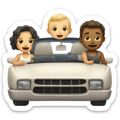 Baby in a car with mom and dad with stomach showing in a tank top sticker