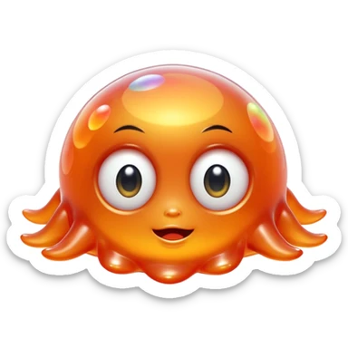 a combination of a water droplet and a ghost tail.
The bottom part is softly squished and slightly curled like a tail
floats in the air with no feet, has small round hands like jelly
Ieyes are large, round, and sparkle like jelly marbles.
The character has a translucent jelly-like texture. sticker