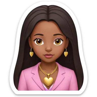Black girl with STRAIGHT LONG HAIR DOWNhair down with baby edges and formal clothes that are pink for her interview and a SMALL gold heart necklace  sticker