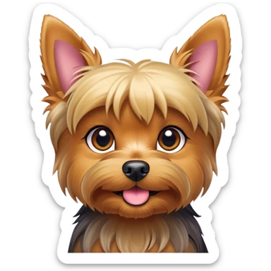 Cinematic Cute Yorkshire Terrier Portrait Emoji, Head perked with bright, twinkling eyes and a perky expression, showcasing a soft, silky fur in rich hues, simplified yet adorably detailed, glowing with a cheerful, inviting glow, high shine, exuding playful intelligence and spunky charm, styled with a gentle, whimsical outline, capturing the essence of a cute Yorkshire Terrier that appears ready to frolic off the screen with irresistible energy! sticker