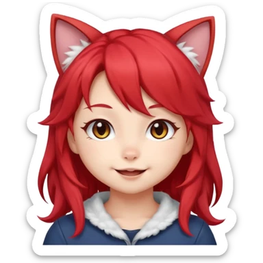 very cute anime cat-girl with small cat ears, red blowing hair sticker