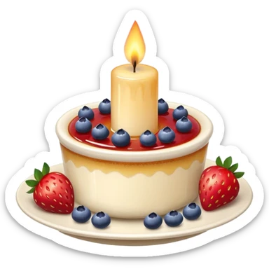 Crème brûlée with strawberries and blueberries on top with a lit candle sticker