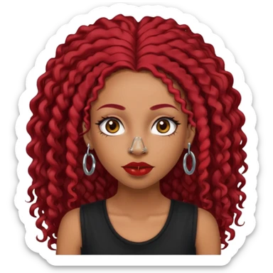 light-skinned black girl with very long eyelashes with long curly dark red hair with edges wearing a black top with no sleeves. and a red accessory on her head with nose and mouth piercings and is a baddie and looks like a bad girl. sticker