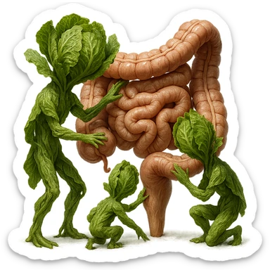 Ultra-realistic 4K illustration: stylized lettuce leaves depicted as plant-like creatures interacting with a human anatomical model of the intestine. The scene is surreal and scientific, with organic textures, refined biological details, dramatic lighting, and a bio-fantasy photorealistic style sticker